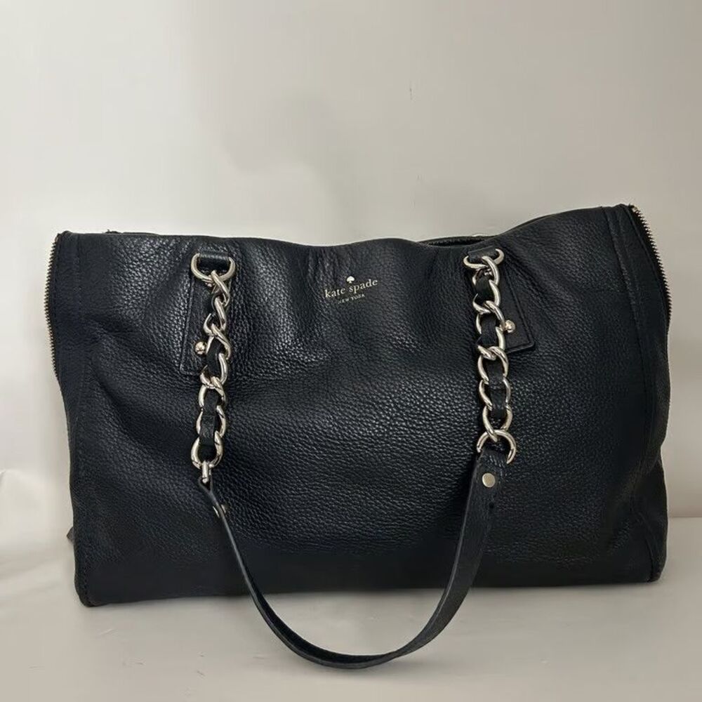 Kate Spade Black Pebbled Leather Shoulder Bag Tote Chain Strap Side Zippers